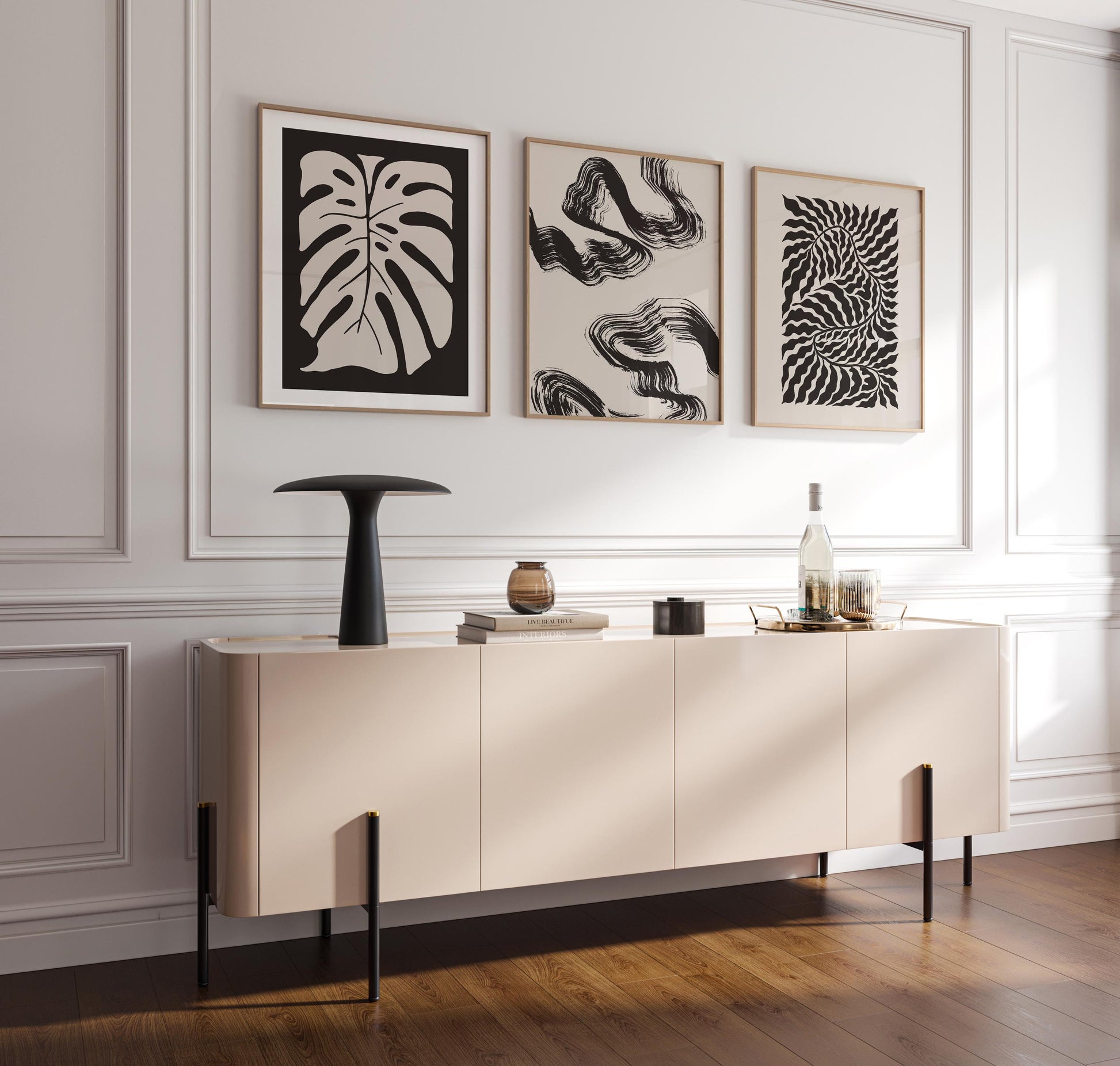 Modern Abstract Botanical Prints for Neutral Gallery Wall – Set of 3 Unframed Beige & Black Line Art for Living Room Decor B066