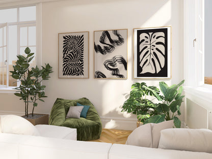 Modern Abstract Botanical Prints for Neutral Gallery Wall – Set of 3 Unframed Beige & Black Line Art for Living Room Decor B066