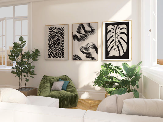 Modern Abstract Botanical Prints for Neutral Gallery Wall – Set of 3 Unframed Beige & Black Line Art for Living Room Decor B066