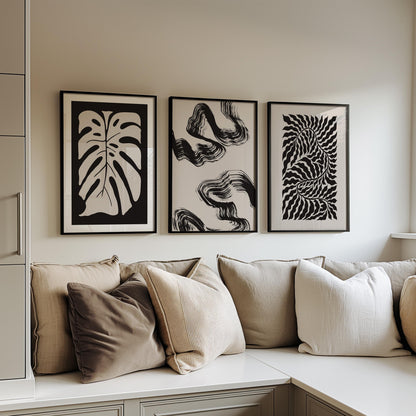 Modern Abstract Botanical Prints for Neutral Gallery Wall – Set of 3 Unframed Beige & Black Line Art for Living Room Decor B066
