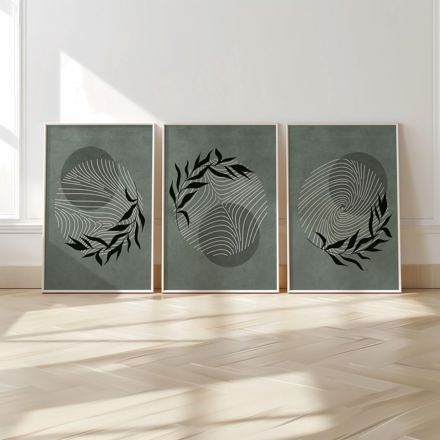 Minimalist Botanical Wall Art – Sage Green Leaf Prints, Scandinavian Modern Neutral Gallery Decor for Living Room B56