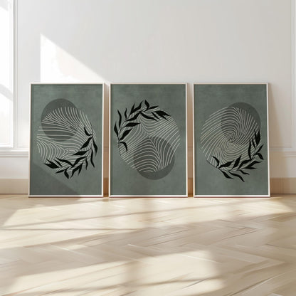 Minimalist Botanical Wall Art – Sage Green Leaf Prints, Scandinavian Modern Neutral Gallery Decor for Living Room B56