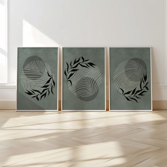 Minimalist Botanical Wall Art – Sage Green Leaf Prints, Scandinavian Modern Neutral Gallery Decor for Living Room B56