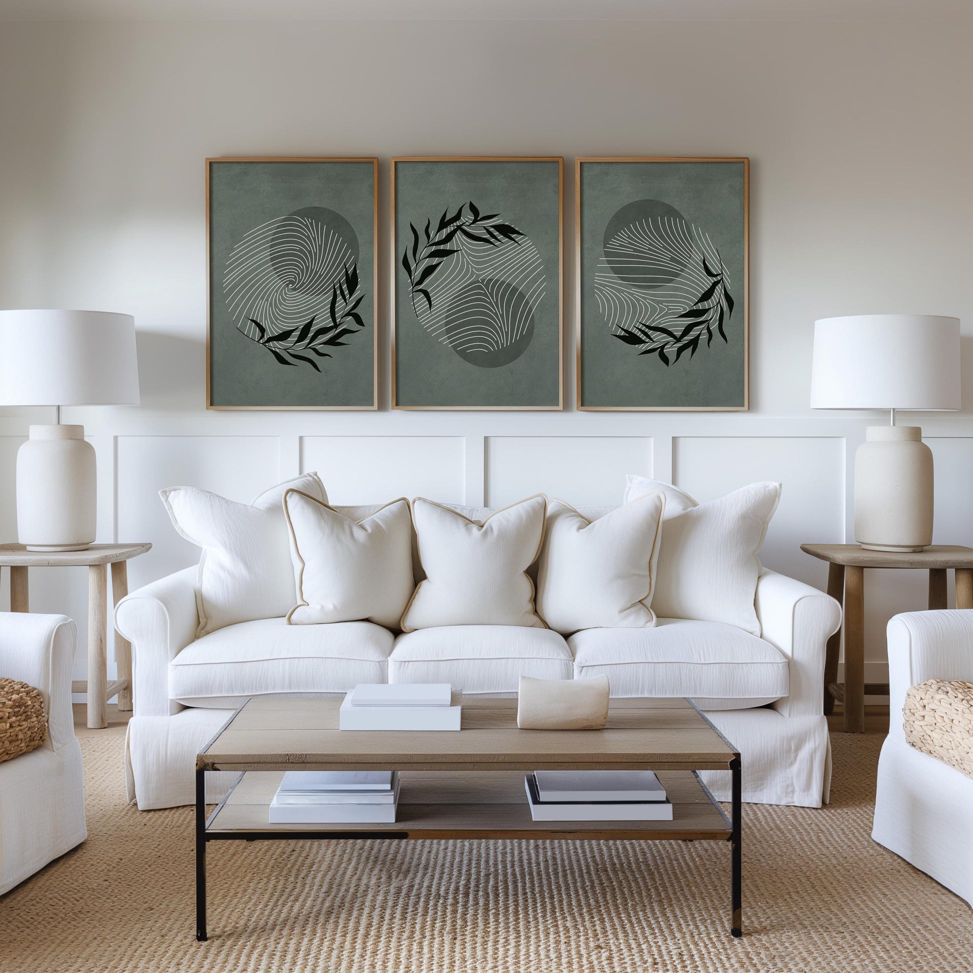 Minimalist Botanical Wall Art – Sage Green Leaf Prints, Scandinavian Modern Neutral Gallery Decor for Living Room B56