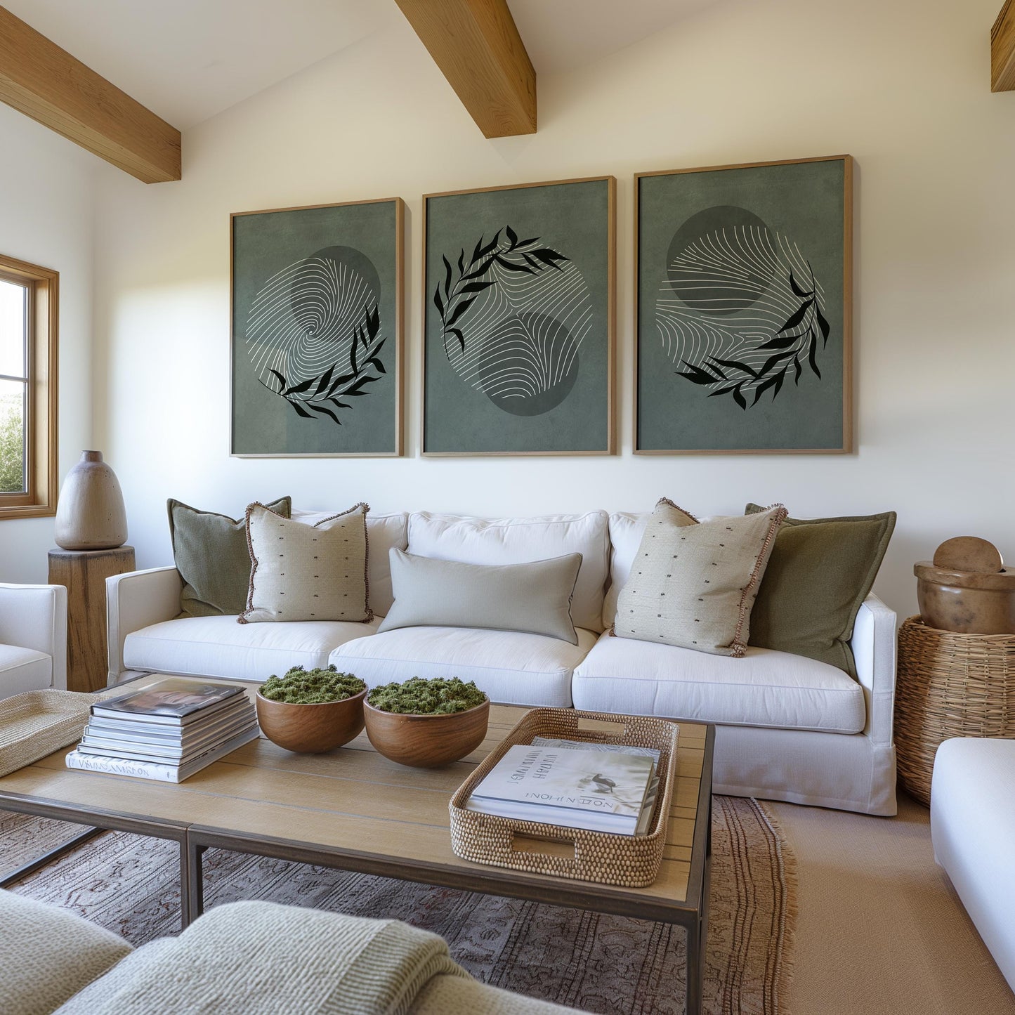 Minimalist Botanical Wall Art – Sage Green Leaf Prints, Scandinavian Modern Neutral Gallery Decor for Living Room B56