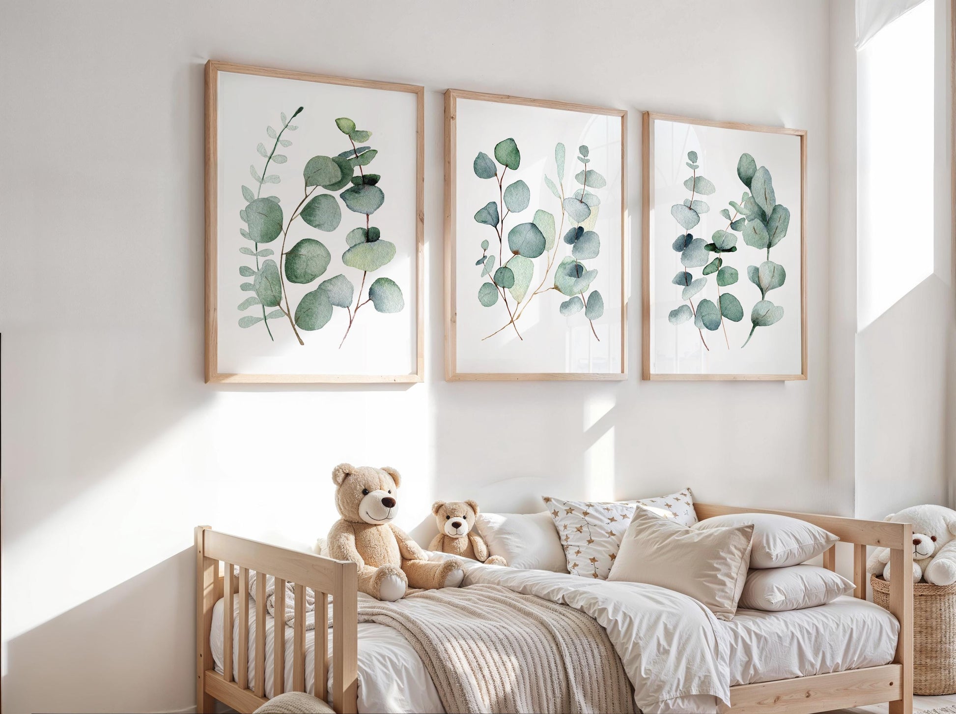 Botanical Eucalyptus Wall Art – Earthy Green Triptych for Modern Home Decor, Bedroom, Living Room – Physical Poster Print UNFRAMED F2
