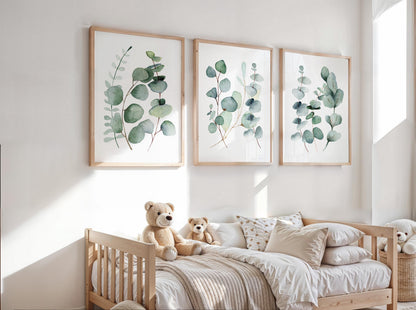 Botanical Eucalyptus Wall Art – Earthy Green Triptych for Modern Home Decor, Bedroom, Living Room – Physical Poster Print UNFRAMED F2