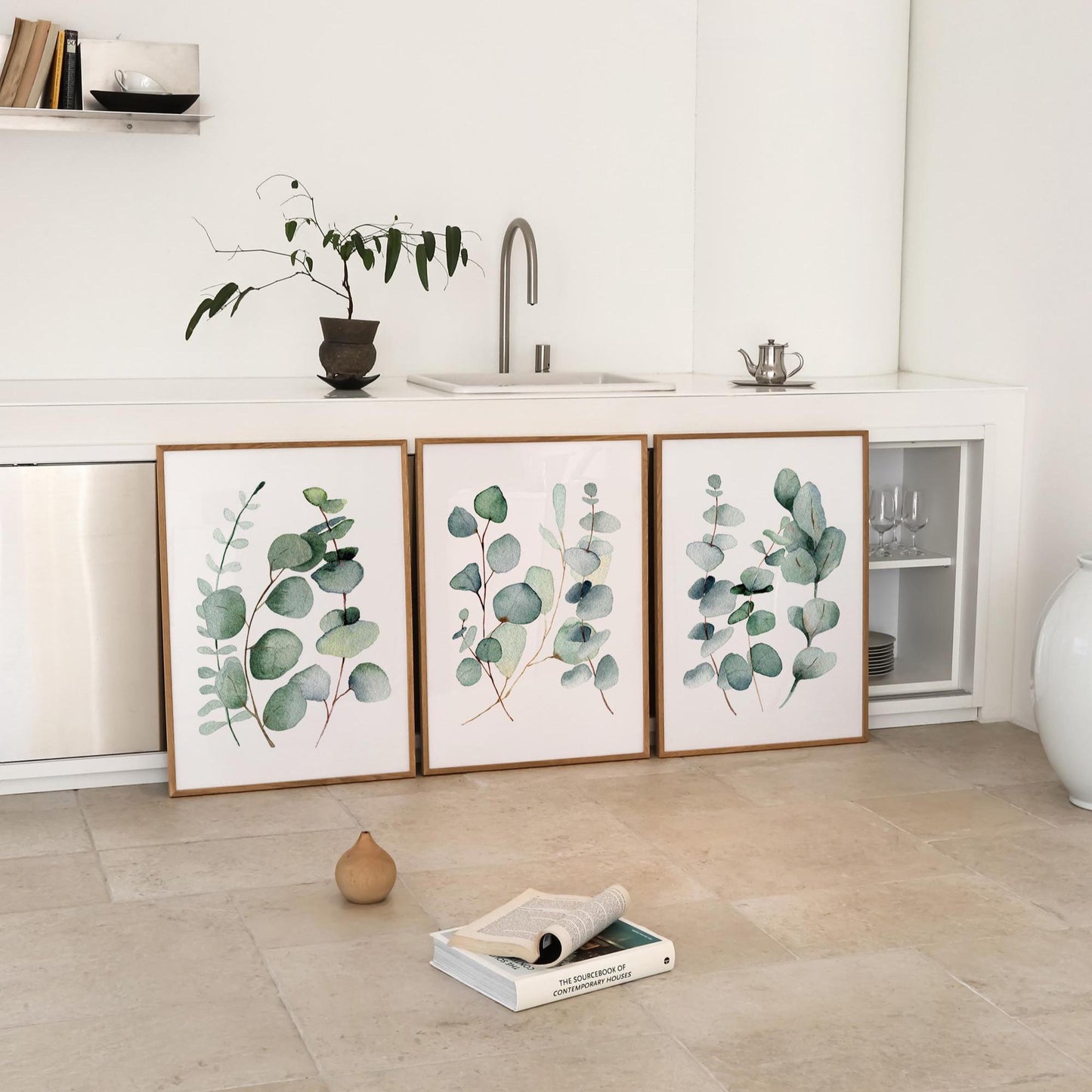 Botanical Eucalyptus Wall Art – Earthy Green Triptych for Modern Home Decor, Bedroom, Living Room – Physical Poster Print UNFRAMED F2