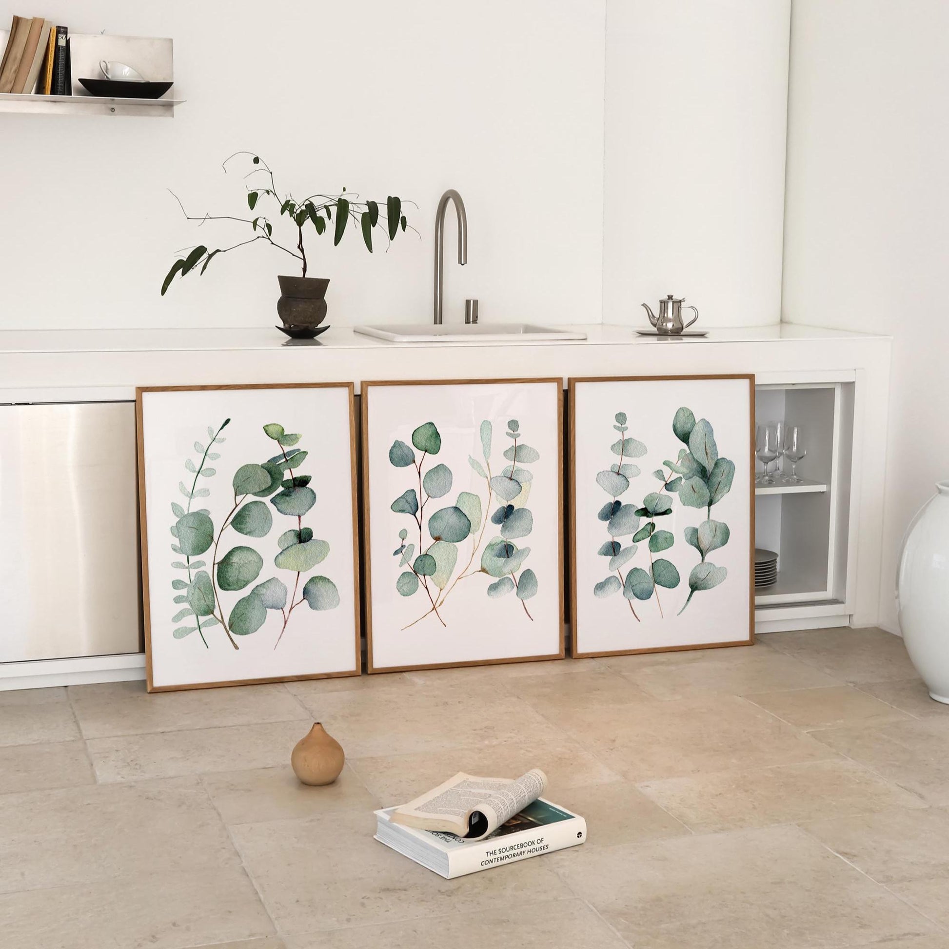 Botanical Eucalyptus Wall Art – Earthy Green Triptych for Modern Home Decor, Bedroom, Living Room – Physical Poster Print UNFRAMED F2