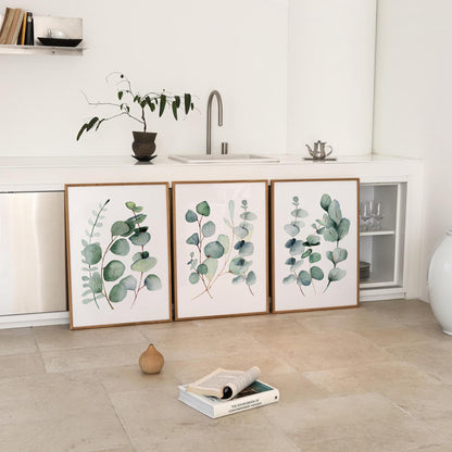 Botanical Eucalyptus Wall Art – Earthy Green Triptych for Modern Home Decor, Bedroom, Living Room – Physical Poster Print UNFRAMED F2