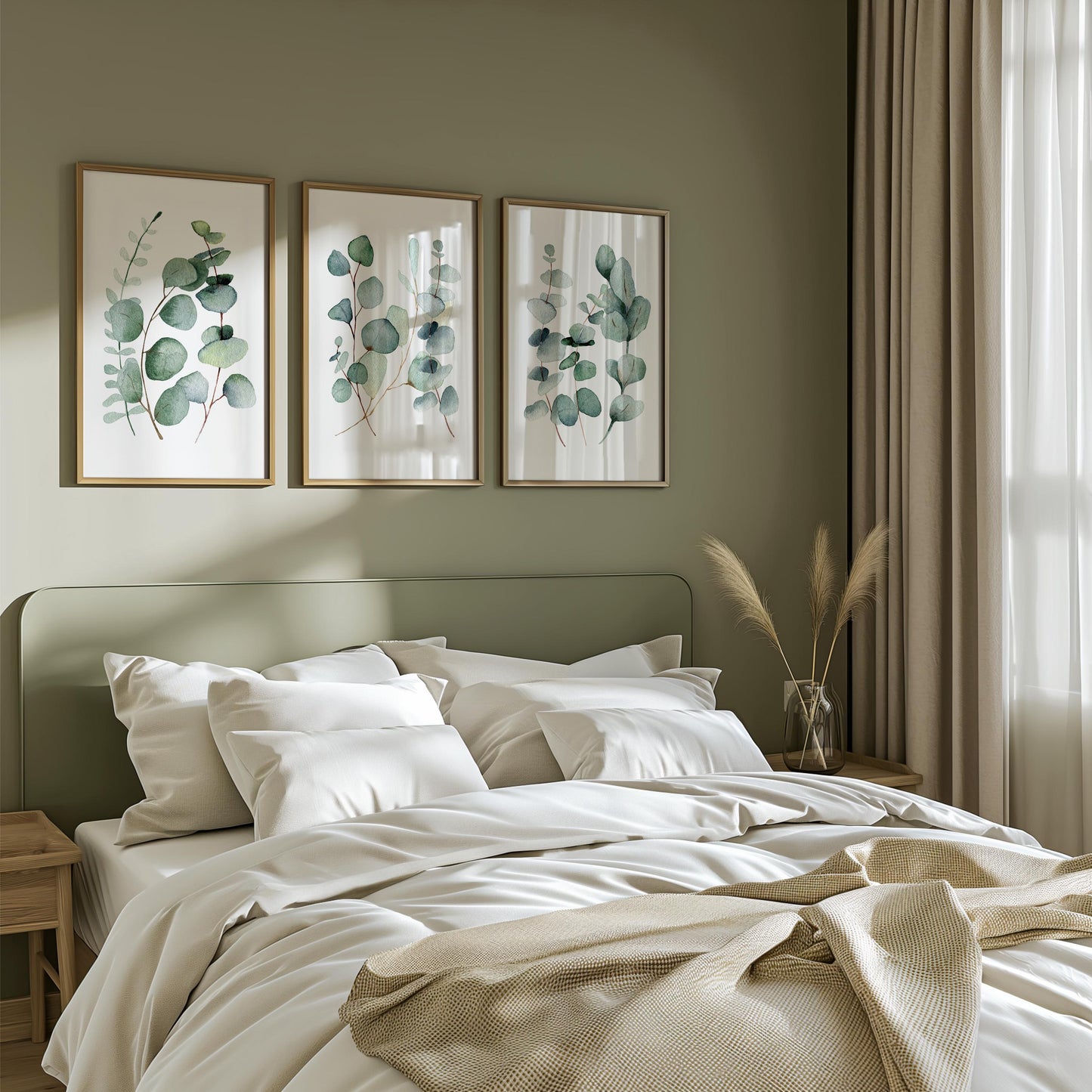 Botanical Eucalyptus Wall Art – Earthy Green Triptych for Modern Home Decor, Bedroom, Living Room – Physical Poster Print UNFRAMED F2