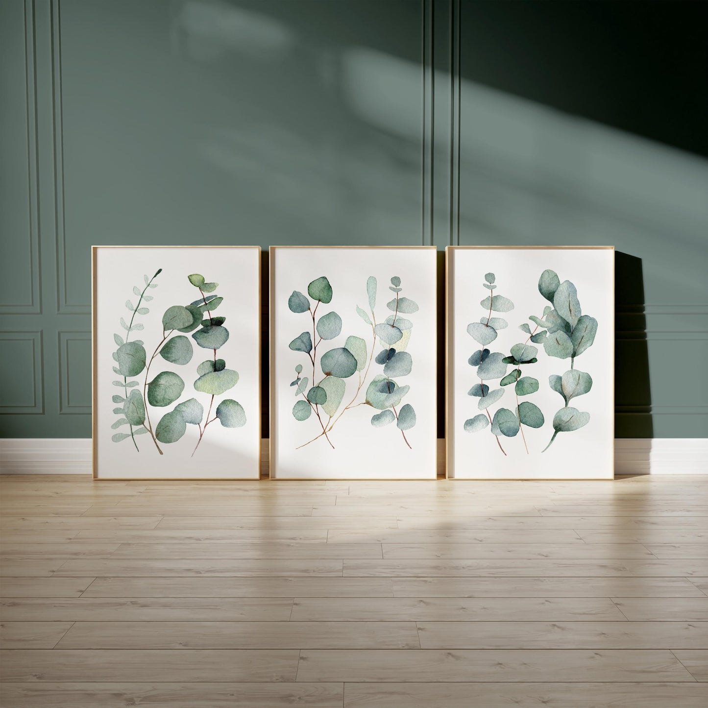 Botanical Eucalyptus Wall Art – Earthy Green Triptych for Modern Home Decor, Bedroom, Living Room – Physical Poster Print UNFRAMED F2