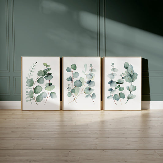 Botanical Eucalyptus Wall Art – Earthy Green Triptych for Modern Home Decor, Bedroom, Living Room – Physical Poster Print UNFRAMED F2