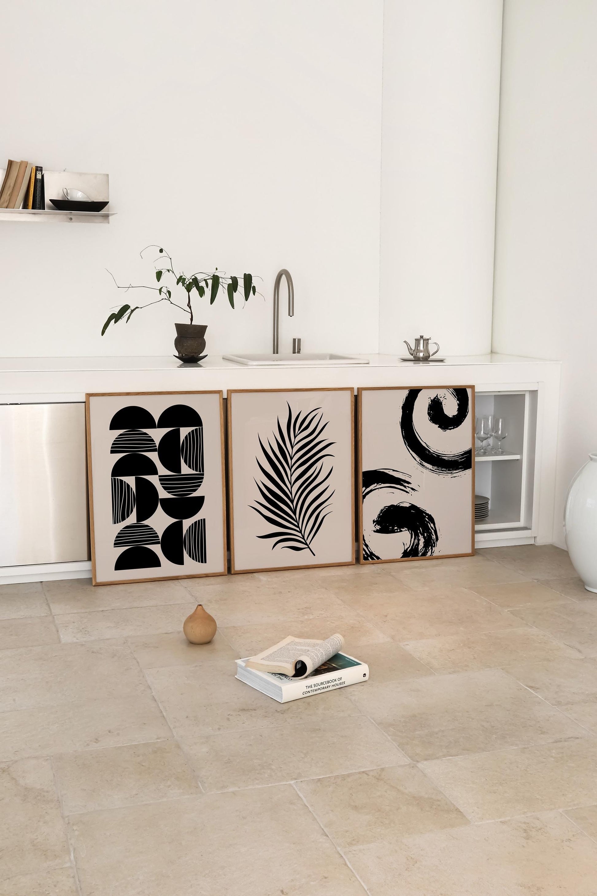 Minimalist Japandi Wall Art Set of 3 – Black and White Unframed Prints, Palm Leaf, Geometric, Abstract Home Decor B067