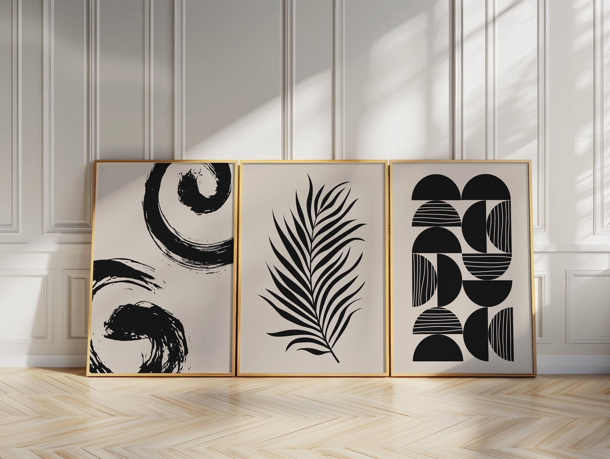 Minimalist Japandi Wall Art Set of 3 – Black and White Unframed Prints, Palm Leaf, Geometric, Abstract Home Decor B067