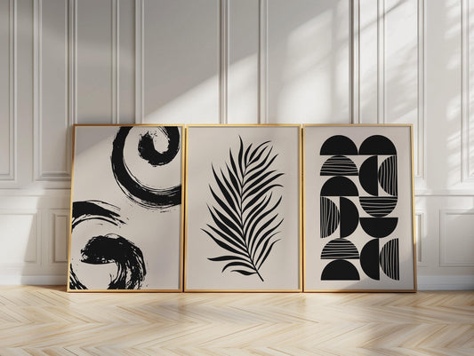 Minimalist Japandi Wall Art Set of 3 – Black and White Unframed Prints, Palm Leaf, Geometric, Abstract Home Decor B067