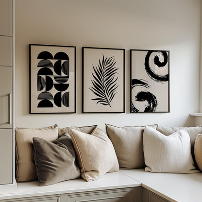 Minimalist Japandi Wall Art Set of 3 – Black and White Unframed Prints, Palm Leaf, Geometric, Abstract Home Decor B067
