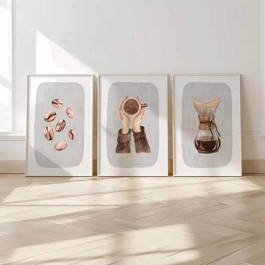 Coffee Bar Wall Art Set of 3 – Watercolor Coffee Beans, Pour Over Maker, Neutral Kitchen Decor, Coffee Lover Gift, Cafe Wall Decor D148