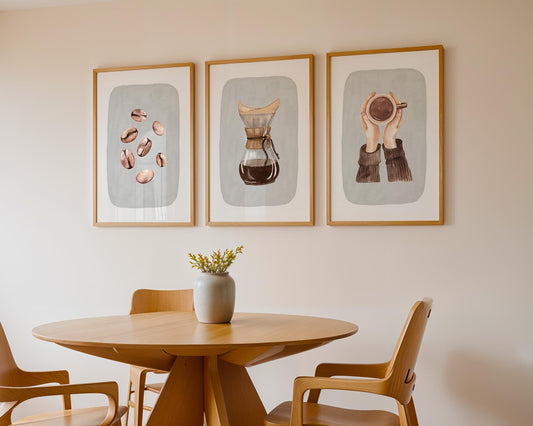 Coffee Bar Wall Art Set of 3 – Watercolor Coffee Beans, Pour Over Maker, Neutral Kitchen Decor, Coffee Lover Gift, Cafe Wall Decor D148