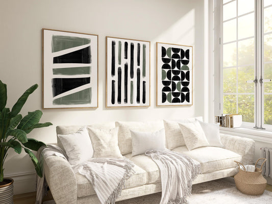 Japandi Abstract Wall Art Set of 3 – Black Green Vertical Prints for Kitchen Living Room, Modern Minimalist Decor B069