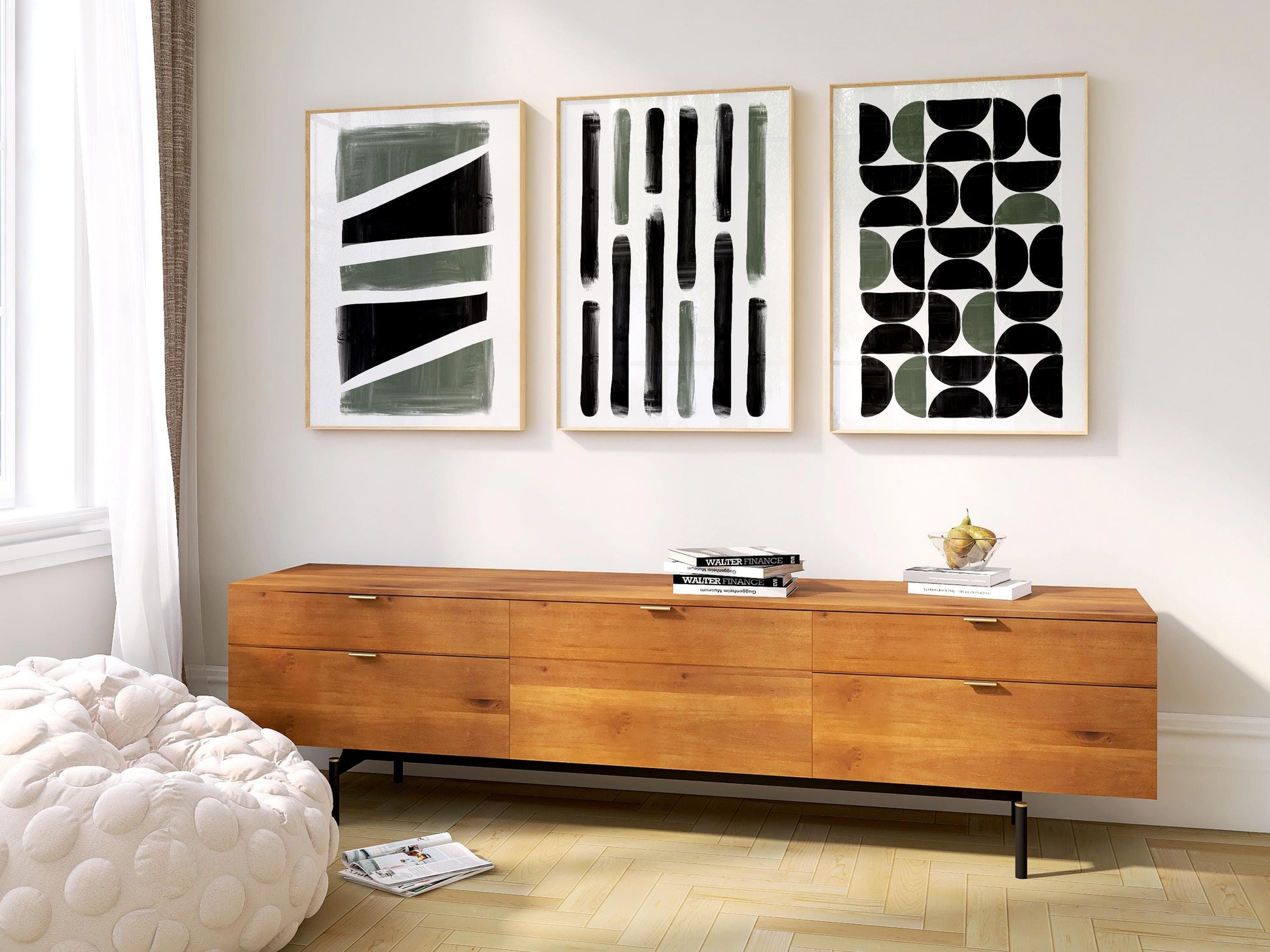 Japandi Abstract Wall Art Set of 3 – Black Green Vertical Prints for Kitchen Living Room, Modern Minimalist Decor B069