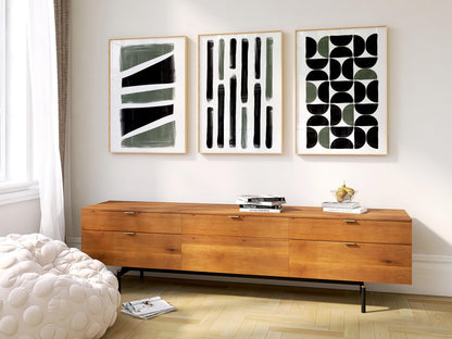 Japandi Abstract Wall Art Set of 3 – Black Green Vertical Prints for Kitchen Living Room, Modern Minimalist Decor B069