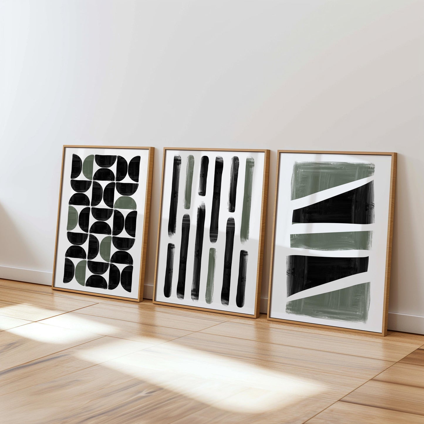 Japandi Abstract Wall Art Set of 3 – Black Green Vertical Prints for Kitchen Living Room, Modern Minimalist Decor B069