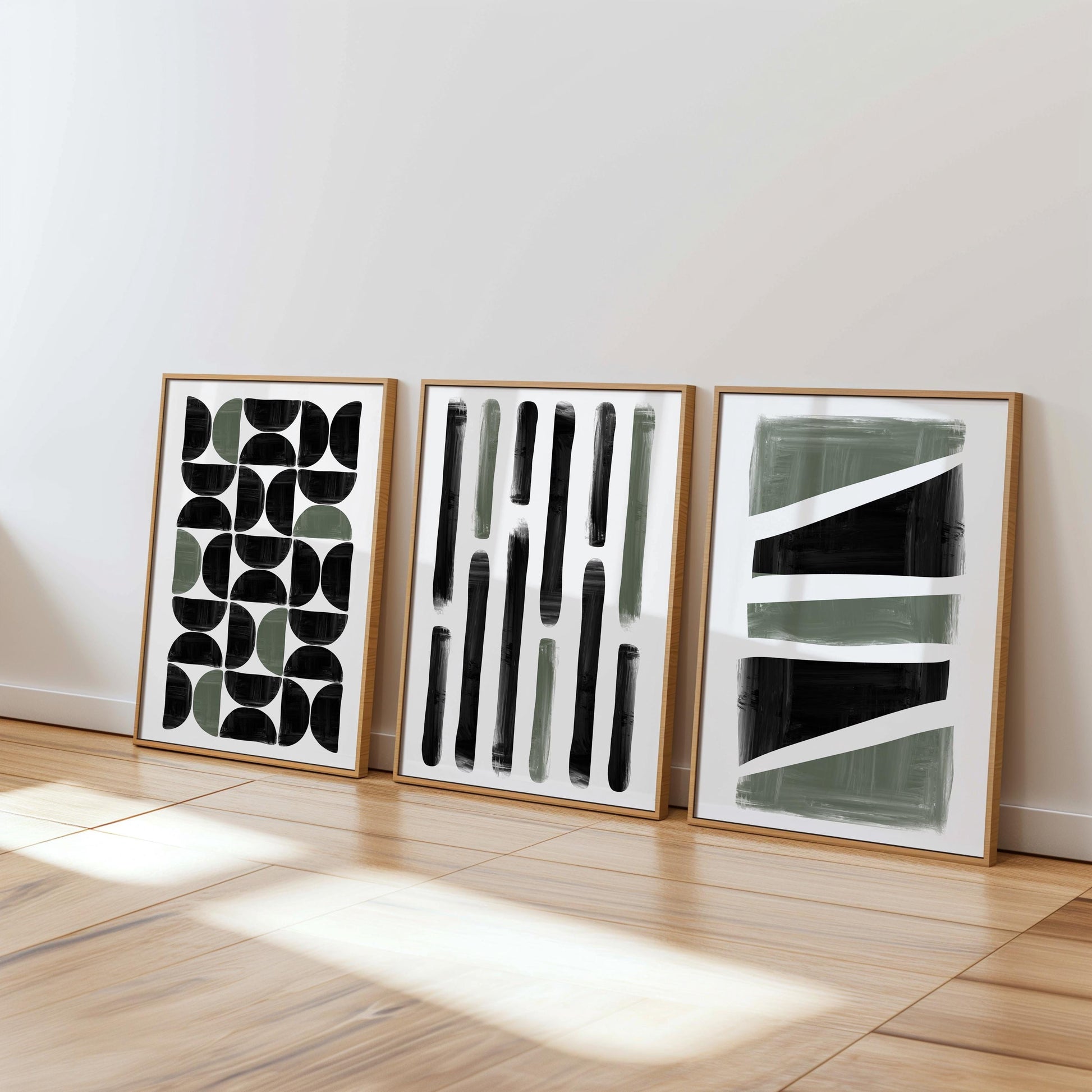 Japandi Abstract Wall Art Set of 3 – Black Green Vertical Prints for Kitchen Living Room, Modern Minimalist Decor B069