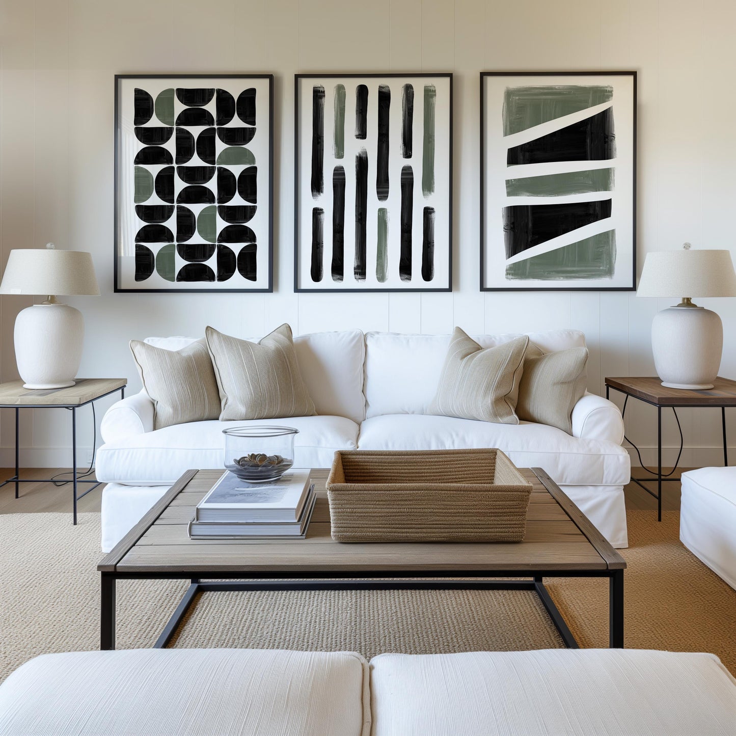 Japandi Abstract Wall Art Set of 3 – Black Green Vertical Prints for Kitchen Living Room, Modern Minimalist Decor B069
