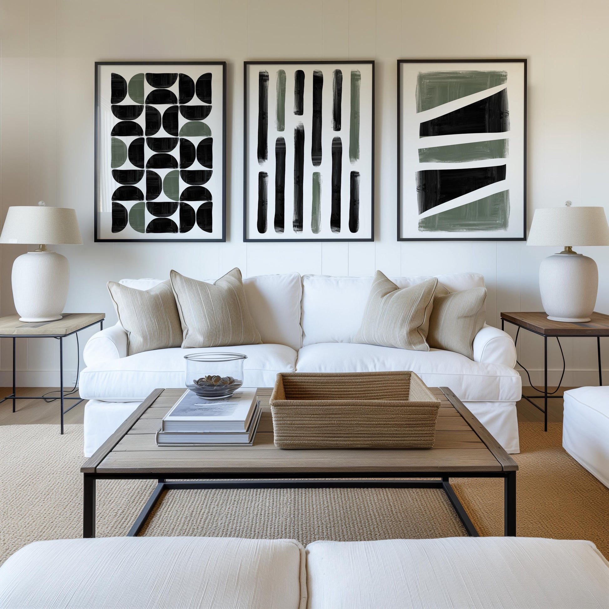 Japandi Abstract Wall Art Set of 3 – Black Green Vertical Prints for Kitchen Living Room, Modern Minimalist Decor B069