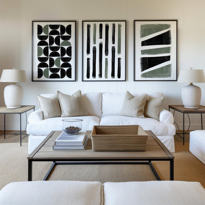 Japandi Abstract Wall Art Set of 3 – Black Green Vertical Prints for Kitchen Living Room, Modern Minimalist Decor B069