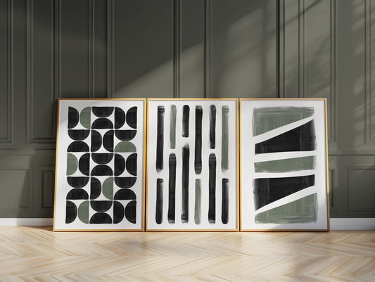 Japandi Abstract Wall Art Set of 3 – Black Green Vertical Prints for Kitchen Living Room, Modern Minimalist Decor B069