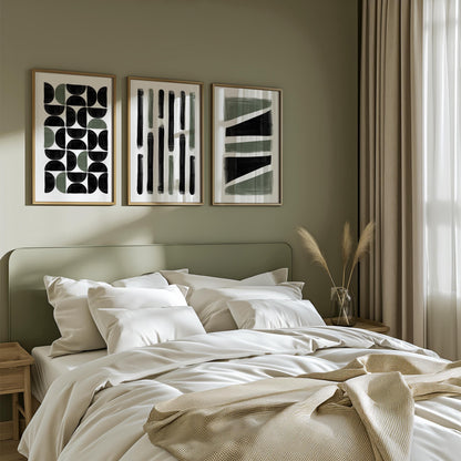 Japandi Abstract Wall Art Set of 3 – Black Green Vertical Prints for Kitchen Living Room, Modern Minimalist Decor B069