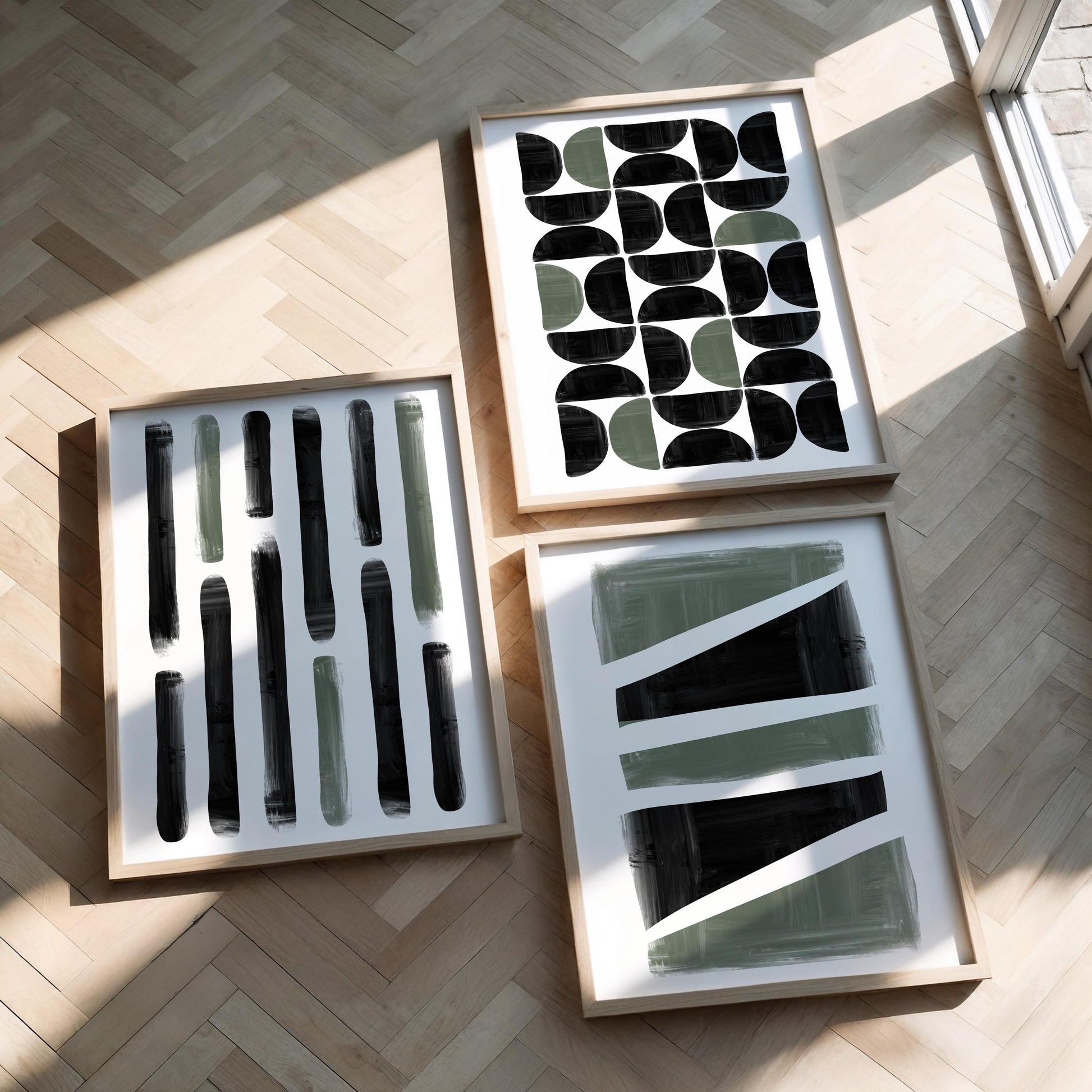 Japandi Abstract Wall Art Set of 3 – Black Green Vertical Prints for Kitchen Living Room, Modern Minimalist Decor B069