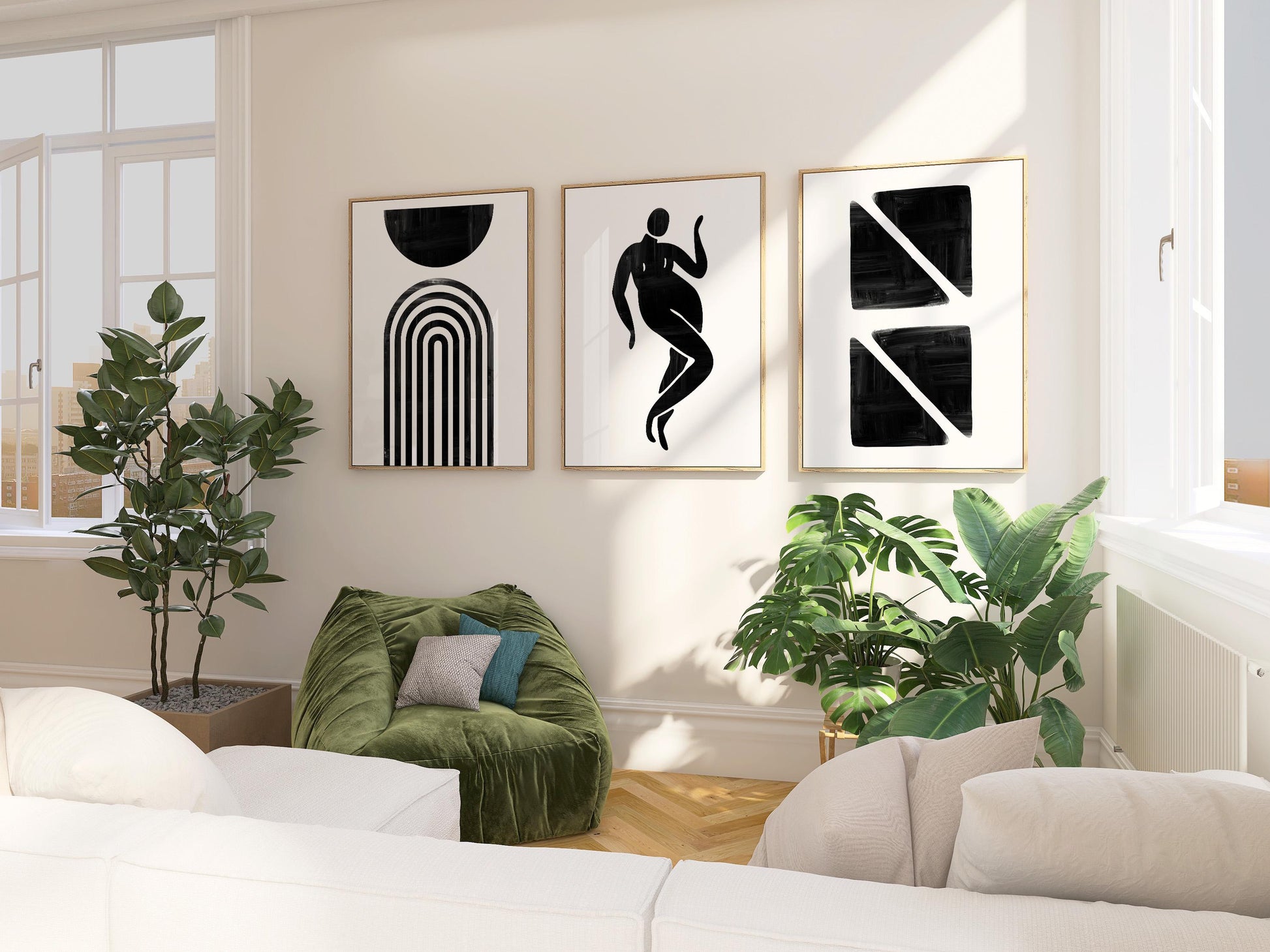 Minimalist Black and White Wall Art Set – Abstract Geometric Prints with Feminine Silhouette for Bedroom, Gallery Wall or Modern Decor B070