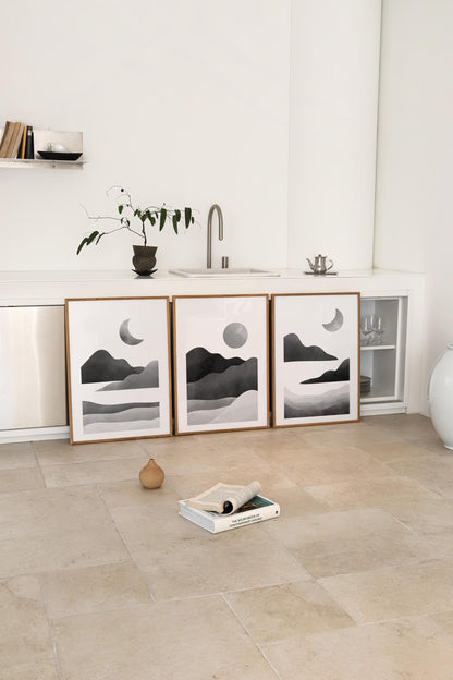 Minimalist Moon Phase Triptych – Black and White Landscape Wall Art Set for Nursery, Nature-Inspired Decor or Modern Gallery Wall B071