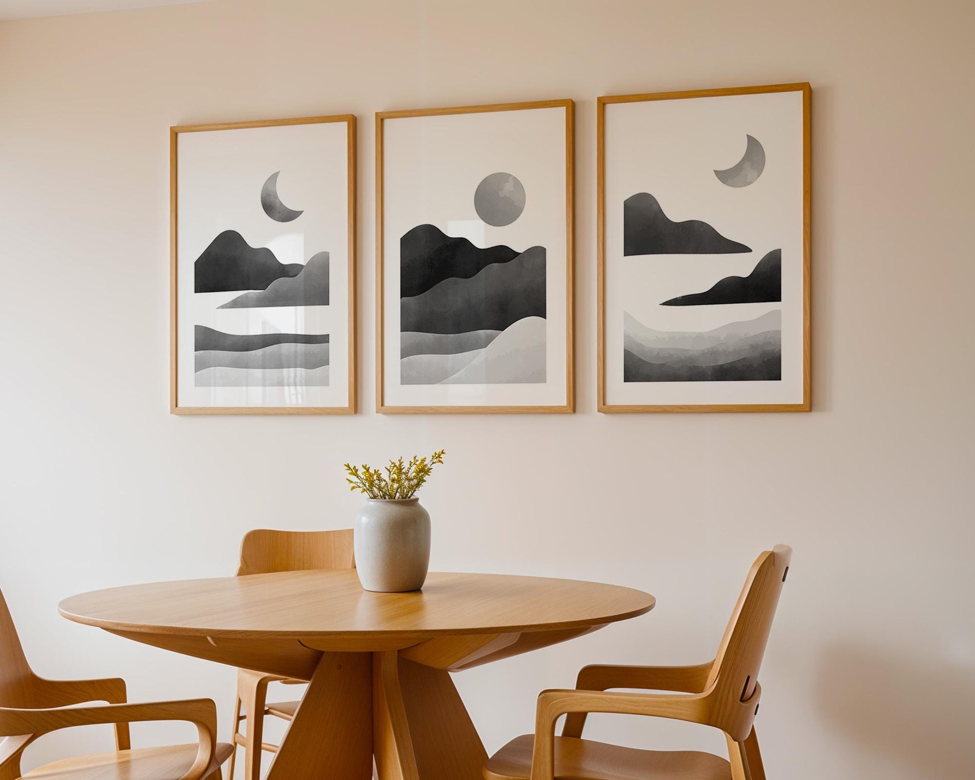 Minimalist Moon Phase Triptych – Black and White Landscape Wall Art Set for Nursery, Nature-Inspired Decor or Modern Gallery Wall B071