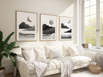 Minimalist Moon Phase Triptych – Black and White Landscape Wall Art Set for Nursery, Nature-Inspired Decor or Modern Gallery Wall B071
