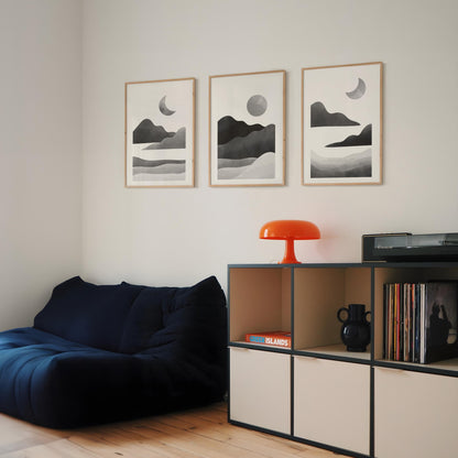 Minimalist Moon Phase Triptych – Black and White Landscape Wall Art Set for Nursery, Nature-Inspired Decor or Modern Gallery Wall B071