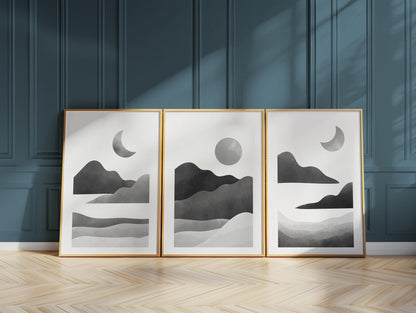 Minimalist Moon Phase Triptych – Black and White Landscape Wall Art Set for Nursery, Nature-Inspired Decor or Modern Gallery Wall B071