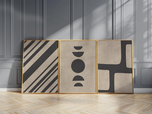 Minimal Abstract Poster Trio – Neutral Beige and Black Wall Art for Modern, Scandinavian or Mid-Century Room, Gallery Wall Decor B073