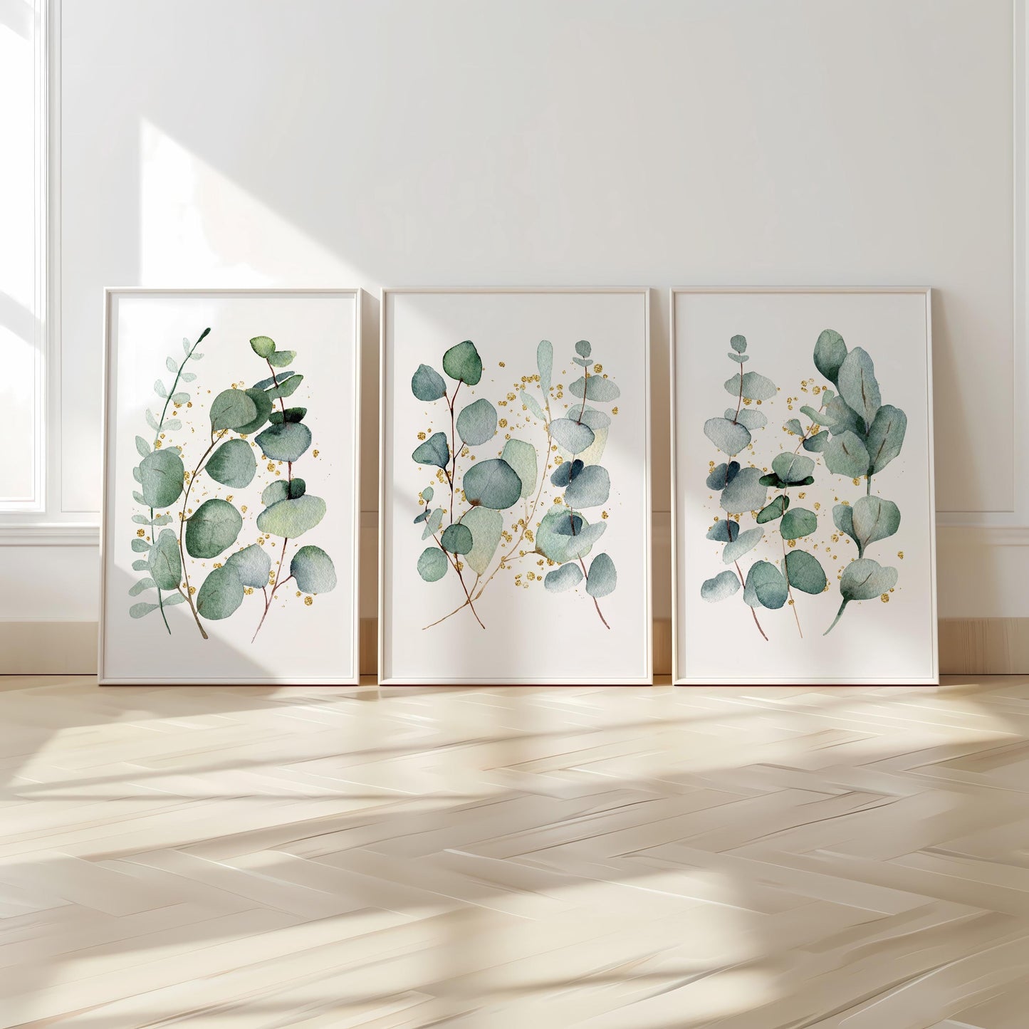 Eucalyptus Wall Art Set of 3: Gold Accent Botanical Prints F3