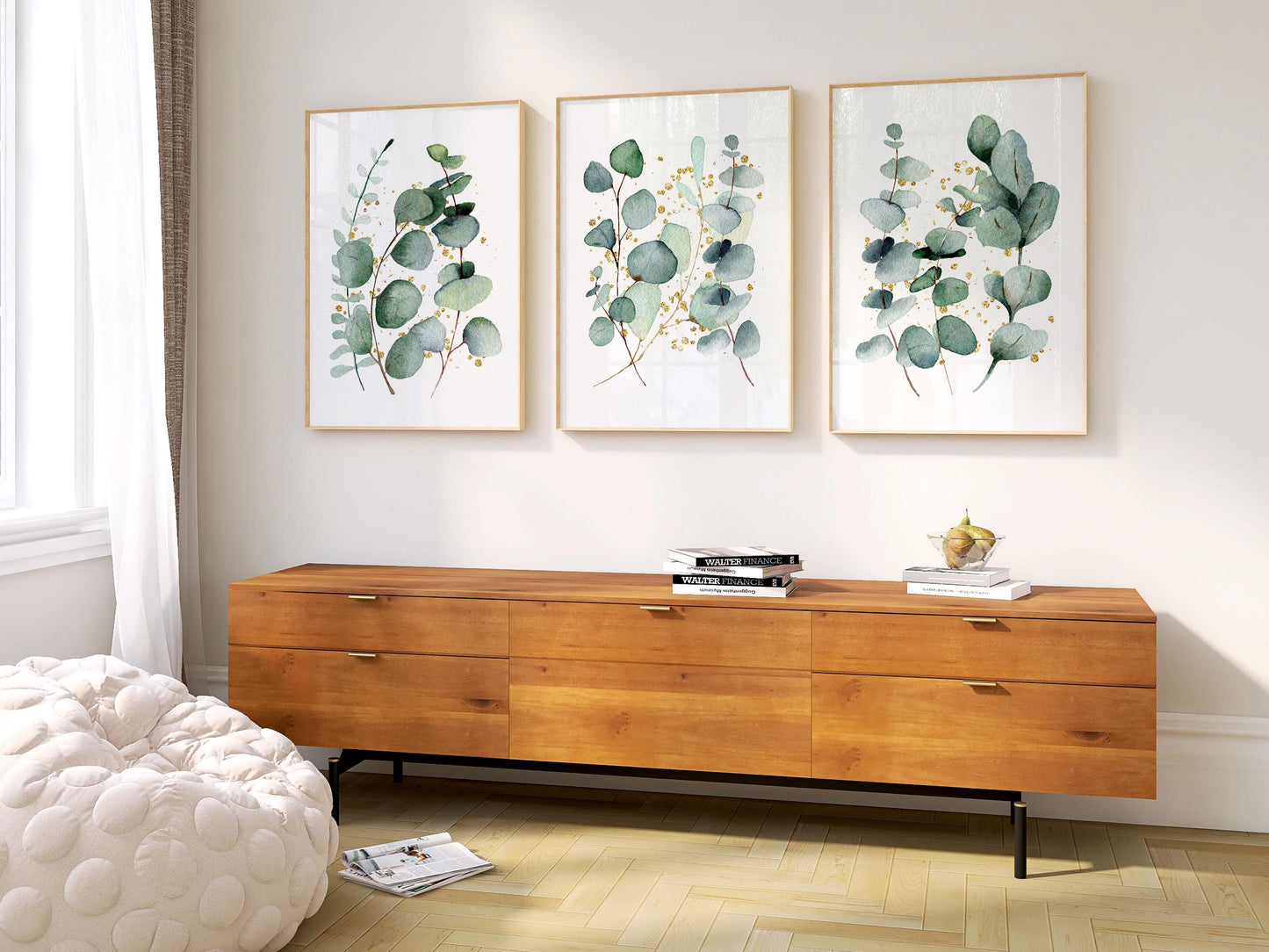 Eucalyptus Wall Art Set of 3: Gold Accent Botanical Prints F3