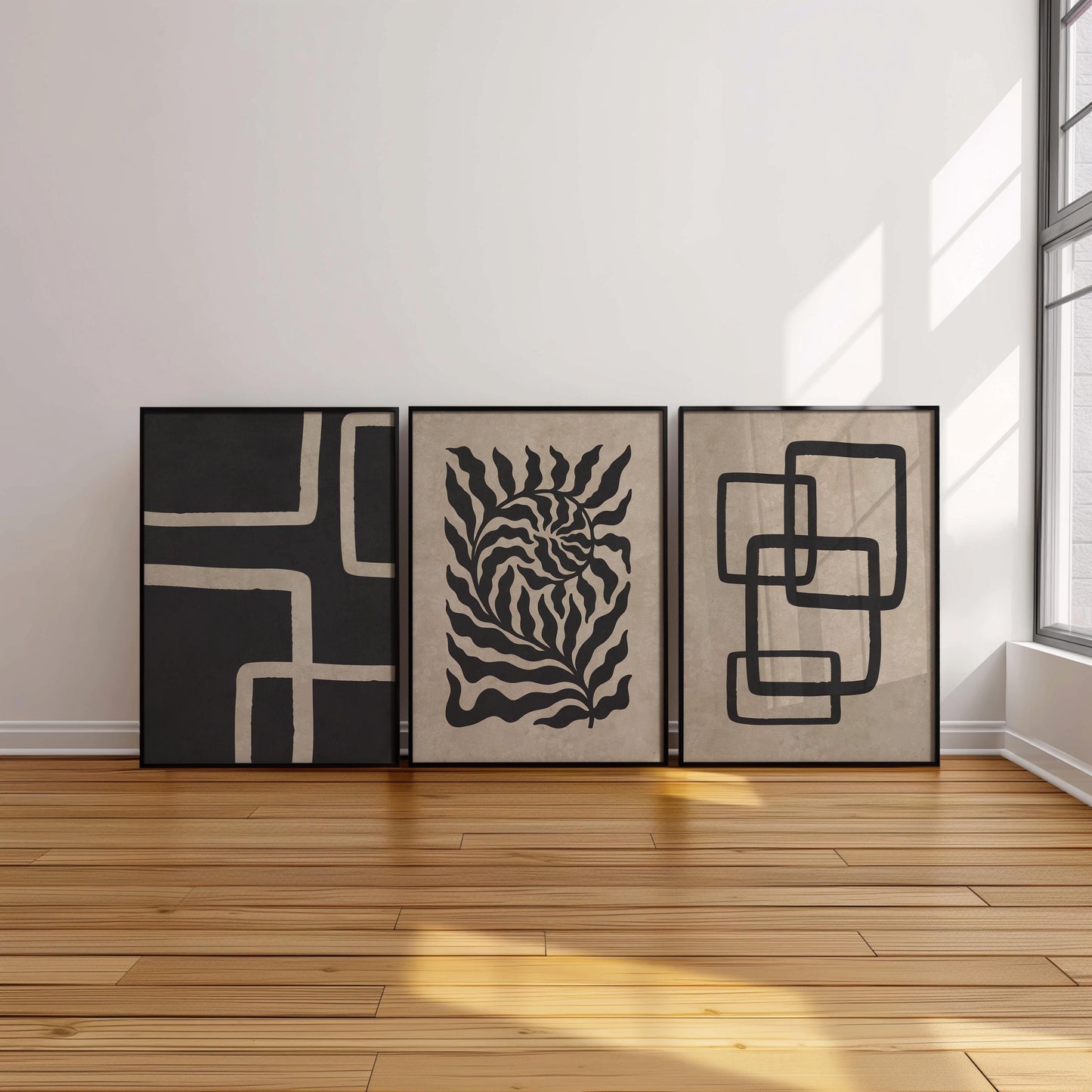 Japandi Poster Trio – Neutral Minimalist Wall Art in Beige and Black for Boho, Scandinavian or Mid-Century Room Decor B074