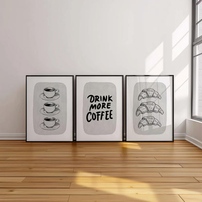 Coffee Croissant Print – Black and White Kitchen Wall Art (Physical Print) D149