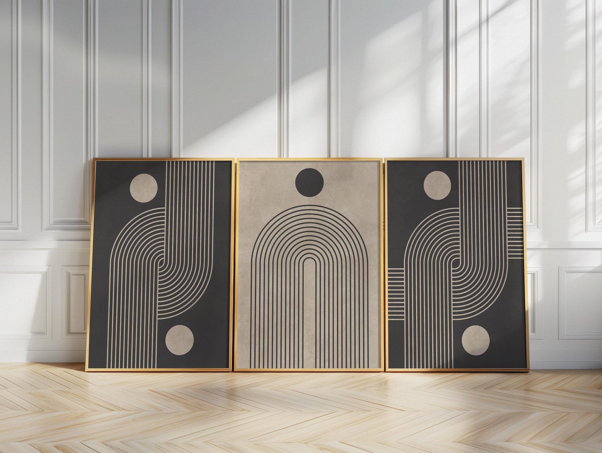 Neutral Abstract Wall Art Set, Mid-Century Triptych Prints with Organic Geometric Shapes, Beige and Black Minimalist Decor for Boho Room B75