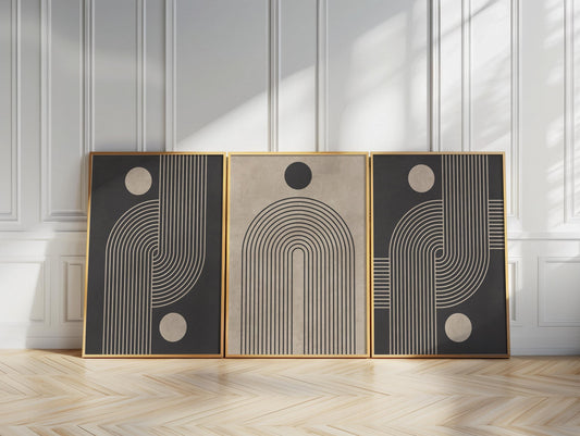 Neutral Abstract Wall Art Set, Mid-Century Triptych Prints with Organic Geometric Shapes, Beige and Black Minimalist Decor for Boho Room B75