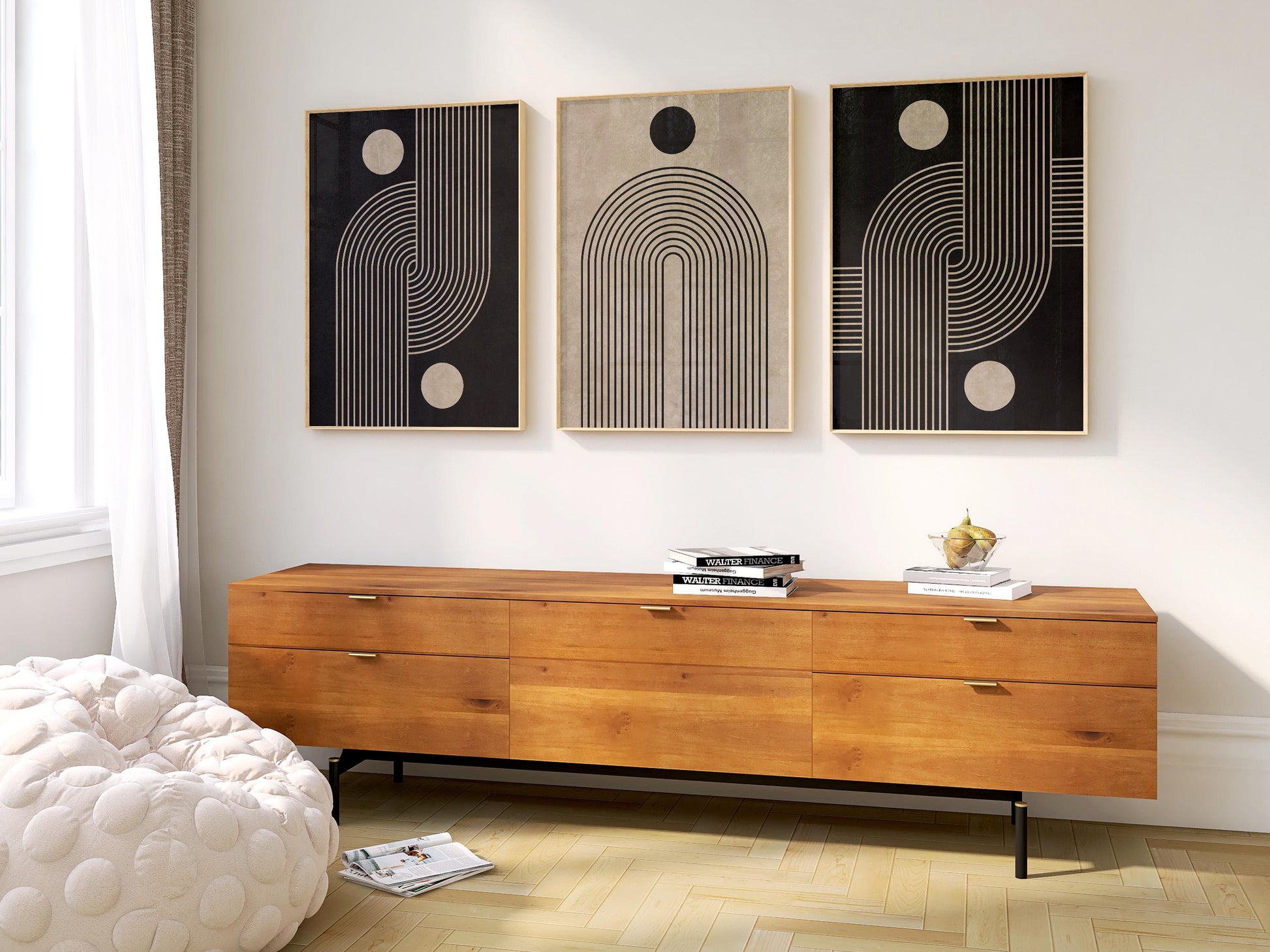 Neutral Abstract Wall Art Set, Mid-Century Triptych Prints with Organic Geometric Shapes, Beige and Black Minimalist Decor for Boho Room B75