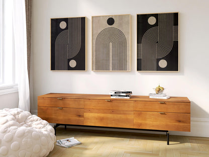 Neutral Abstract Wall Art Set, Mid-Century Triptych Prints with Organic Geometric Shapes, Beige and Black Minimalist Decor for Boho Room B75