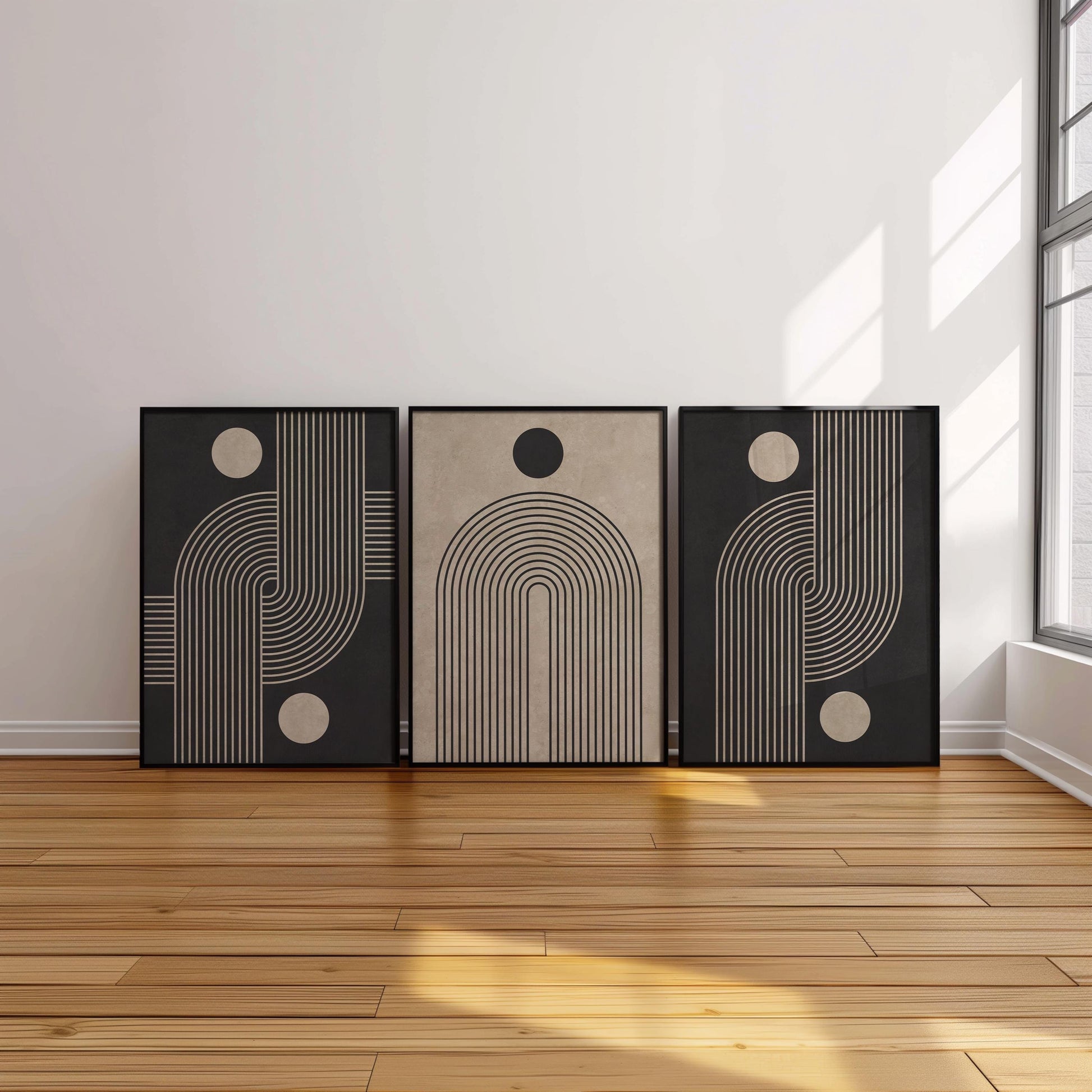 Neutral Abstract Wall Art Set, Mid-Century Triptych Prints with Organic Geometric Shapes, Beige and Black Minimalist Decor for Boho Room B75